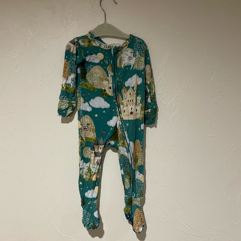 Posh Peanut Turquoise Castle Print Kids Footie bamboo 12-18 months